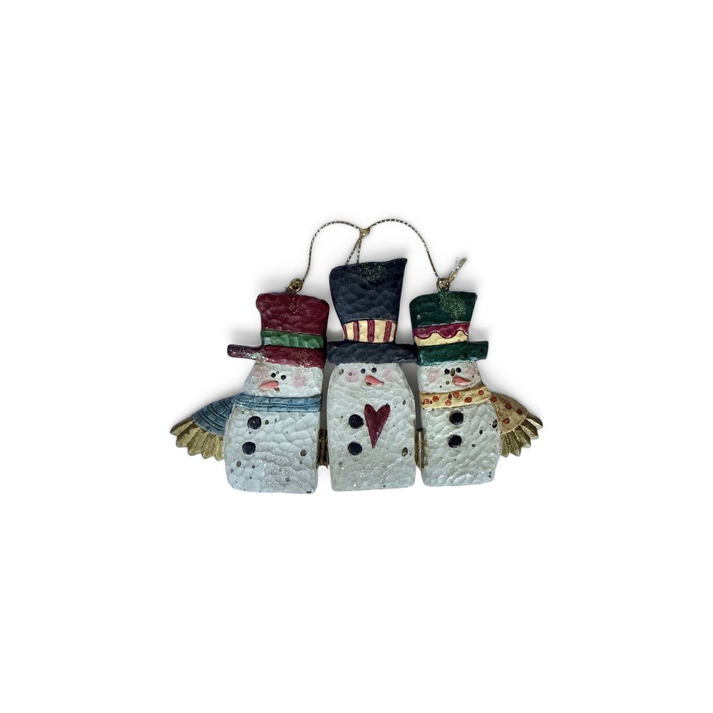 Vintage Rustic Wooden Snowman Trio Hinged Christmas Ornament Folk Art Holiday